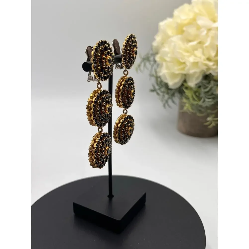 Mistar Bijoux Deadstock 3D Puff‎ Three Drop Dangle Crystal Gold Clip on Earrings